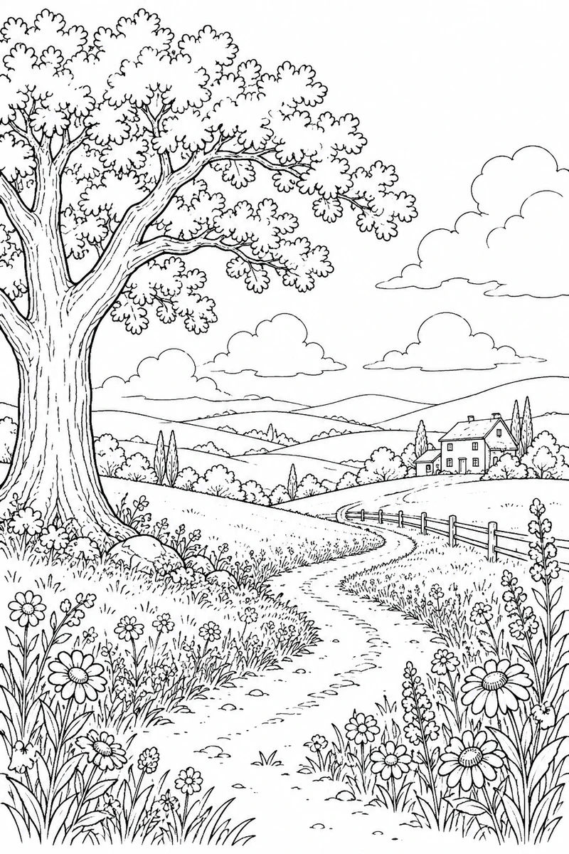 Countryside path and farmhouse