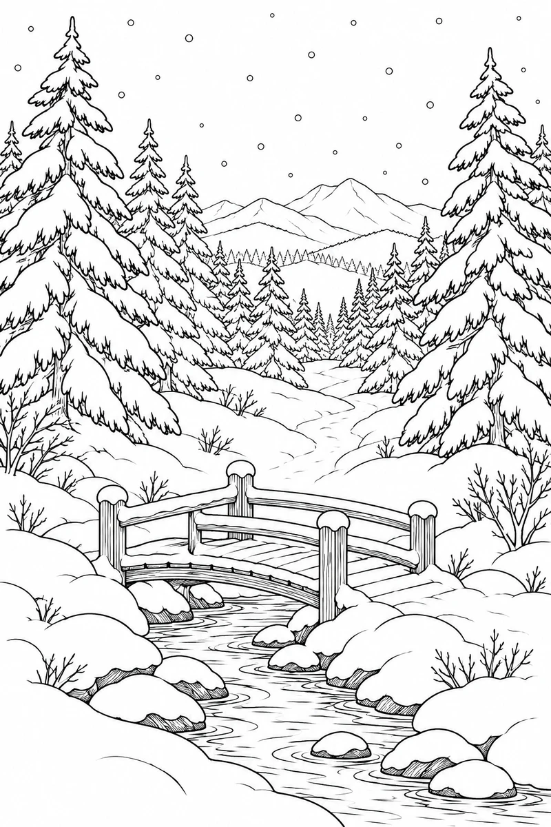 Snowy pine forest path