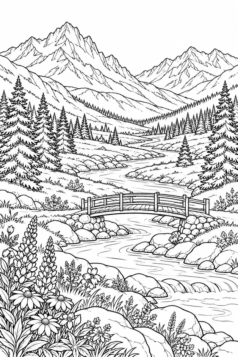Mountain river and footbridge